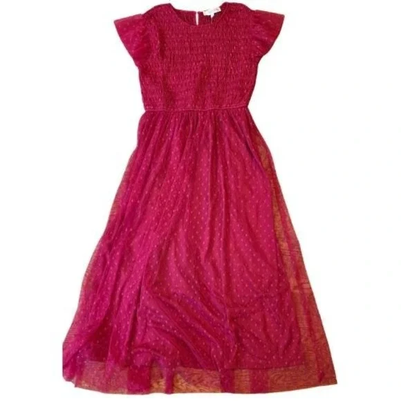 NWT Mine S Red Swiss Dot Tulle Maxi Dress Smocked Flutter Sleeve Cottagecore - Picture 2 of 14